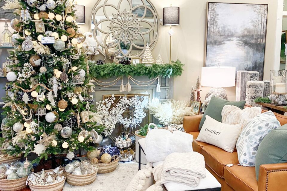 A Christmas-themed southern-rustic living room